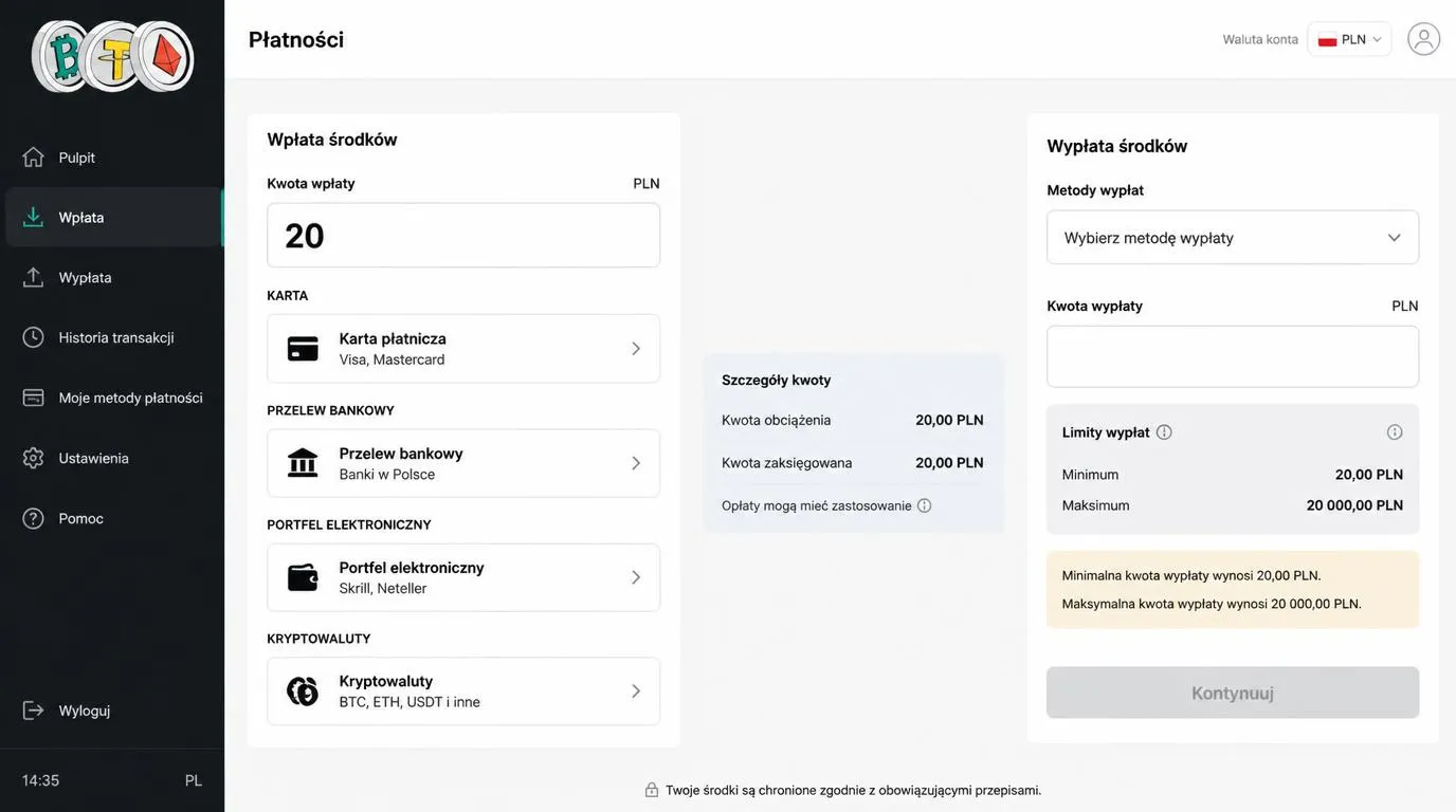 Panel płatności kasyna z saldem w PLN, wyborem karty, przelewu i kryptowalut oraz limitem wypłaty