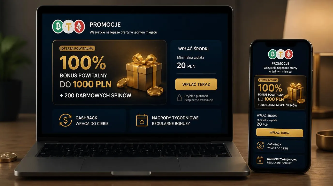 Ekran promocji kasyna z bonusem 100% do 1000 PLN, 200 darmowymi spinami i minimalnym depozytem 20 PLN