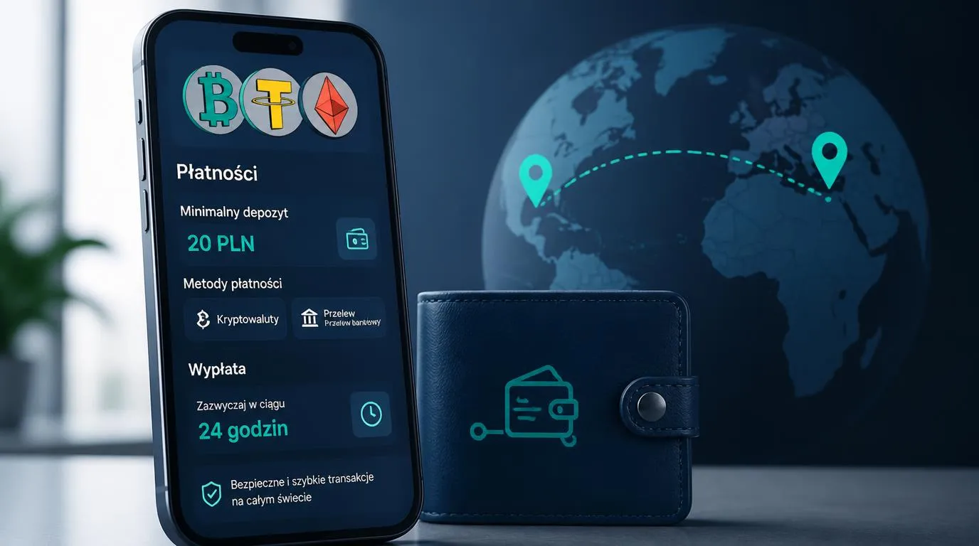 Telefon z widokiem wpłaty 20 PLN i wypłaty w 24 godziny obok symboli płatności kryptowalutowych